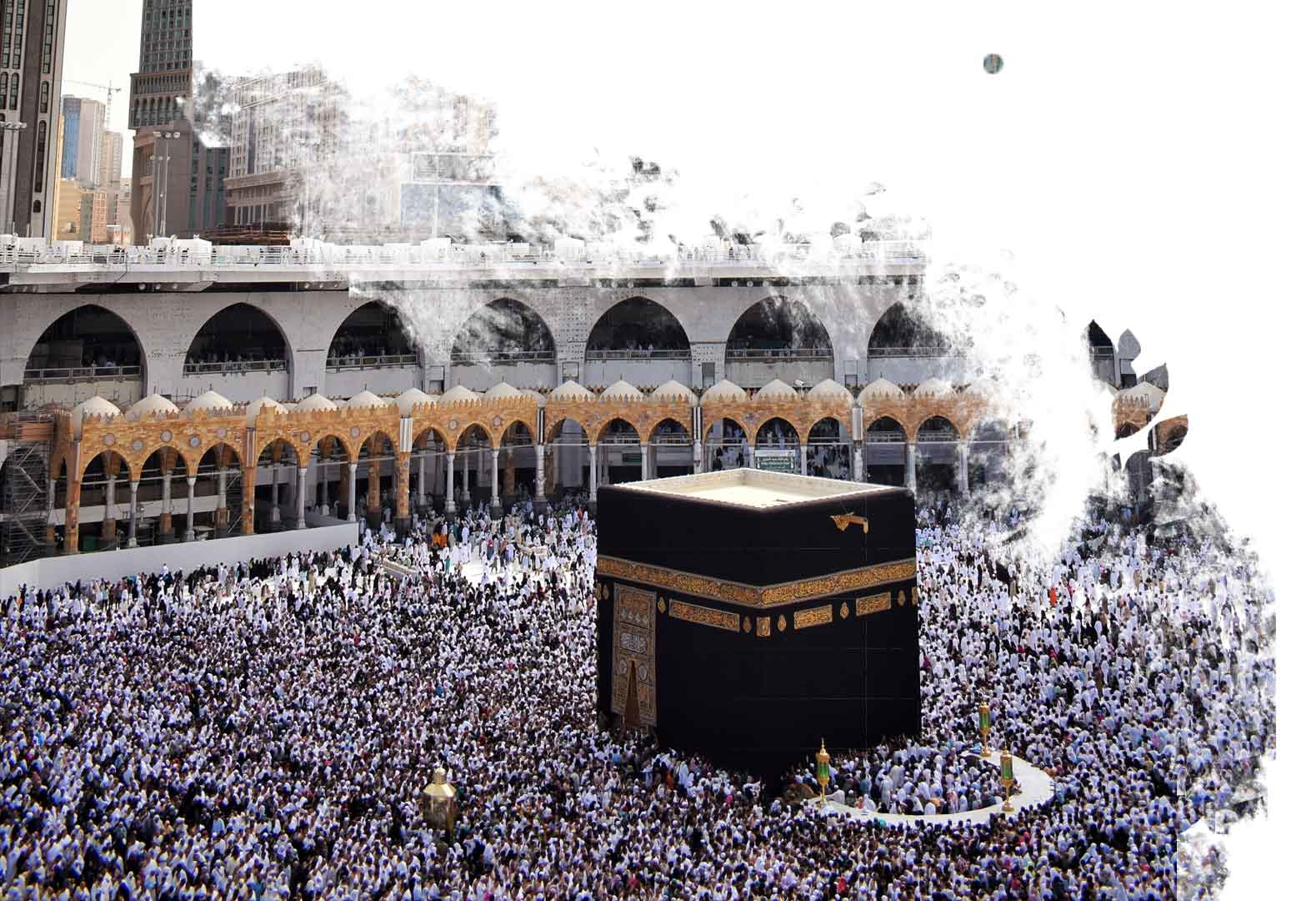 arriere plan de la mosquée de la mecque avec de nombreux pelerins